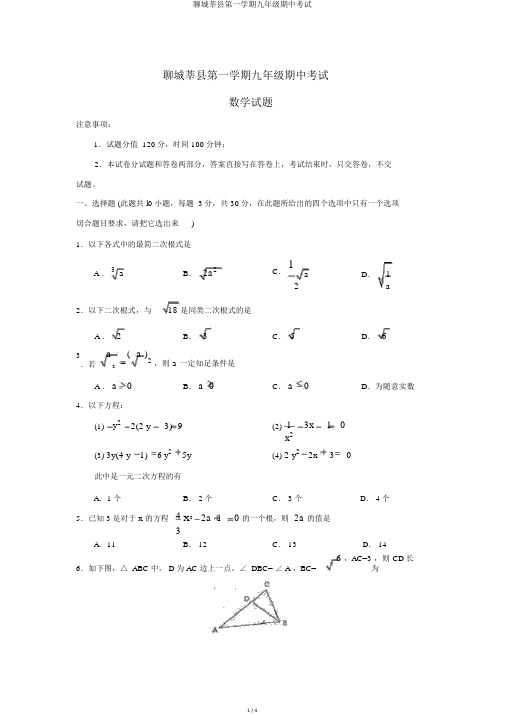 聊城莘县第一学期九年级期中考试