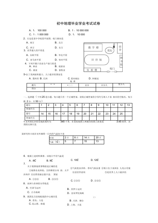 初中地理毕业学业模拟考试试卷