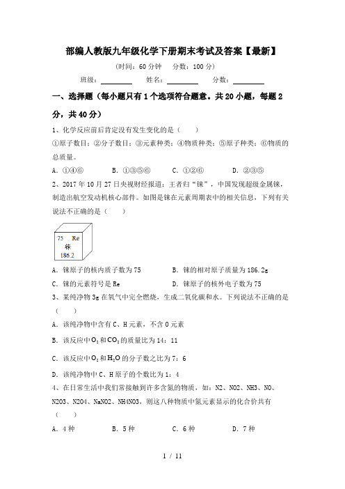 部编人教版九年级化学下册期末考试及答案【最新】