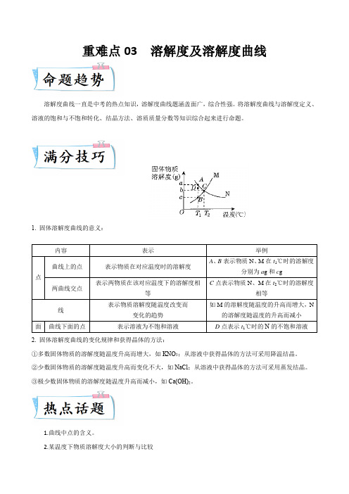 重难点03 溶解度及溶解度曲线(原卷版)