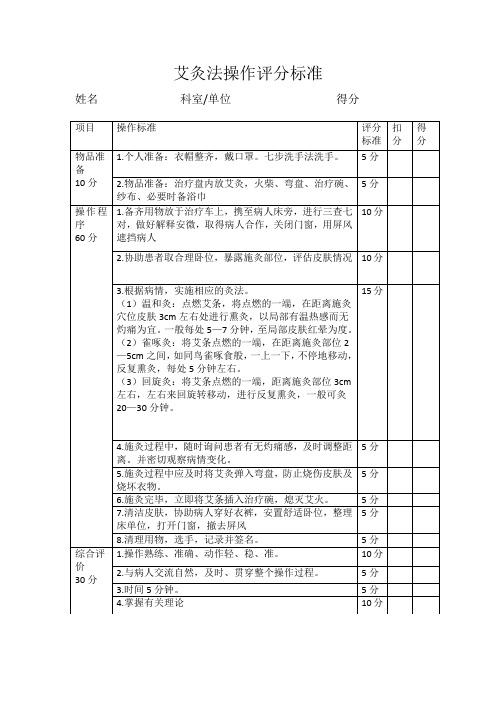 艾灸法操作评分标准