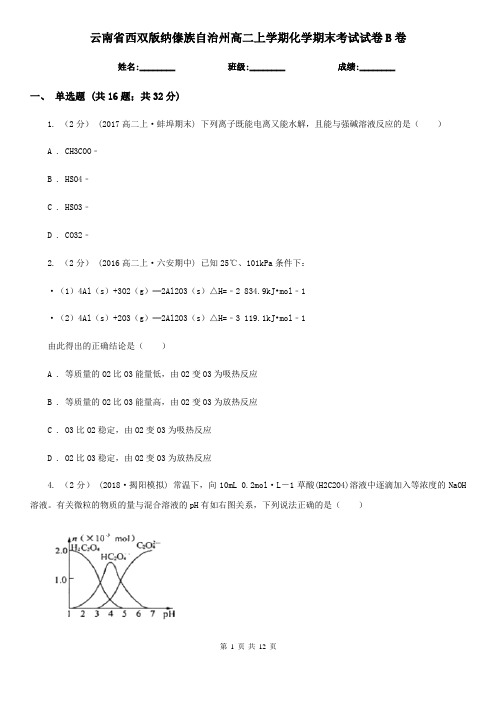 云南省西双版纳傣族自治州高二上学期化学期末考试试卷B卷