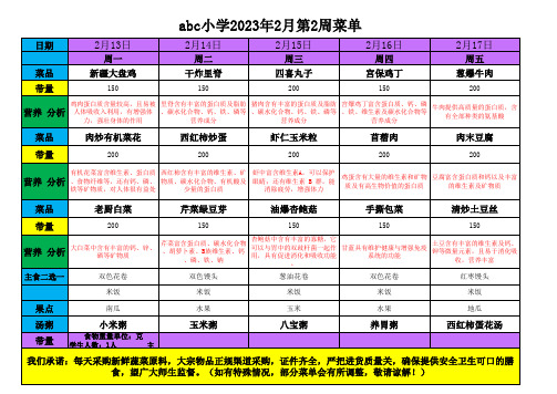 中小学食堂餐厅每周菜单公示表