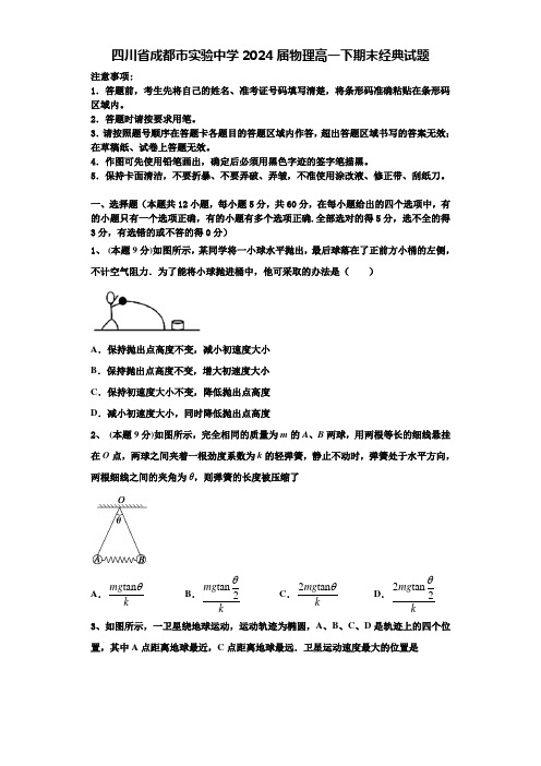 四川省成都市实验中学2024届物理高一下期末经典试题含解析