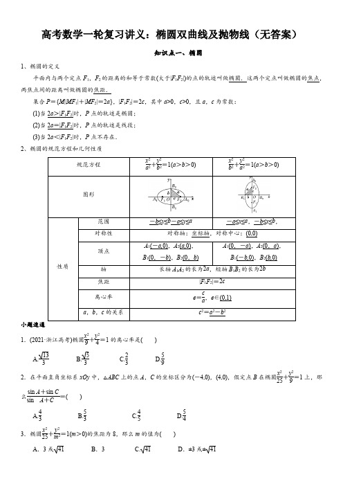 高考数学一轮复习讲义：椭圆双曲线及抛物线(无答案)