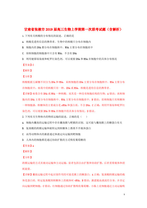甘肃省张掖市2019届高三生物上学期第一次联考试题(含解析)