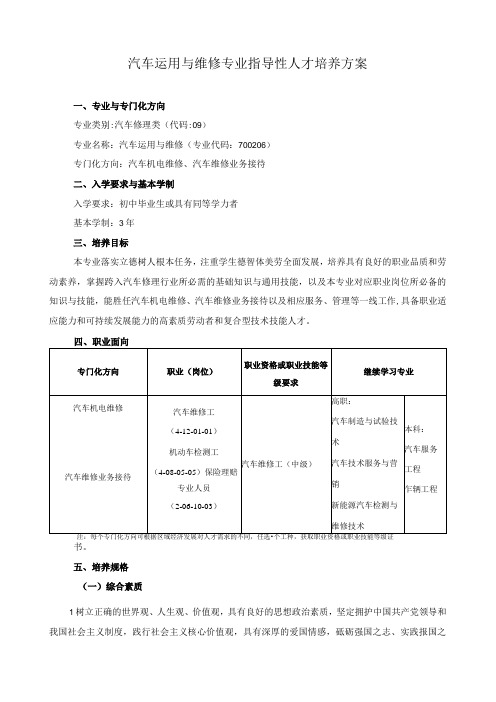 汽车运用与维修专业指导性人才培养方案