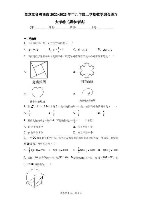 黑龙江省鸡西市2022-2023学年九年级上学期数学综合练习大考卷