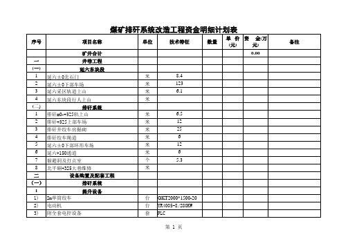 煤矿排矸系统改造工程资金明细计划表