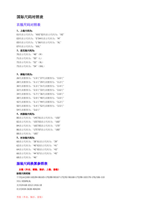 国际标准尺码对照表