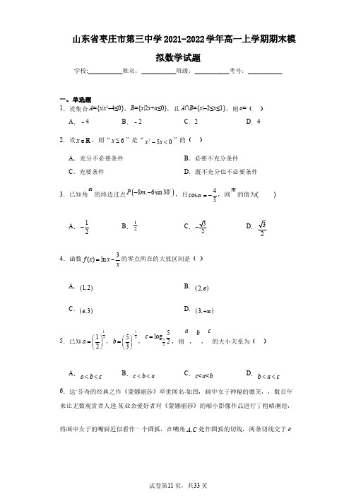 山东省枣庄市第三中学2021-2022学年高一上学期期末模拟数学试题