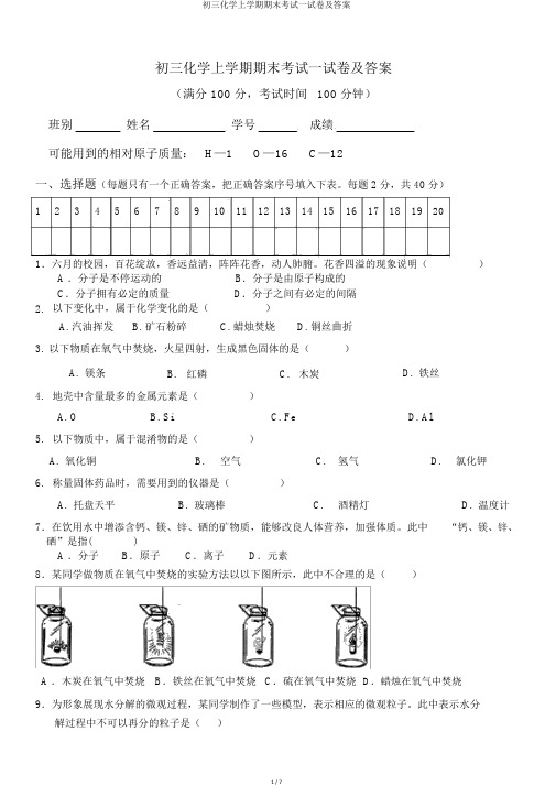 初三化学上学期期末考试试卷及答案