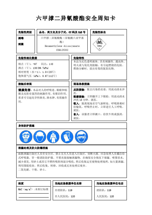 六甲撑二异氰酸酯安全周知卡、职业危害告知卡、理化特性表