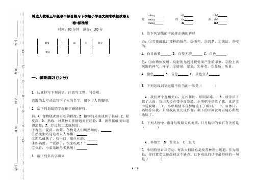 精选人教版五年级水平综合练习下学期小学语文期末模拟试卷A卷-标准版