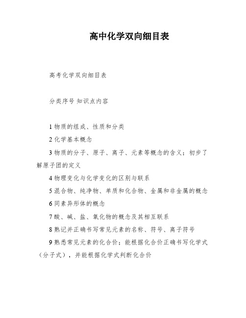 高中化学双向细目表