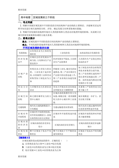 【教育资料】必修3第一章第二节区域发展阶段 区域发展的三个阶段(讲义)学习专用