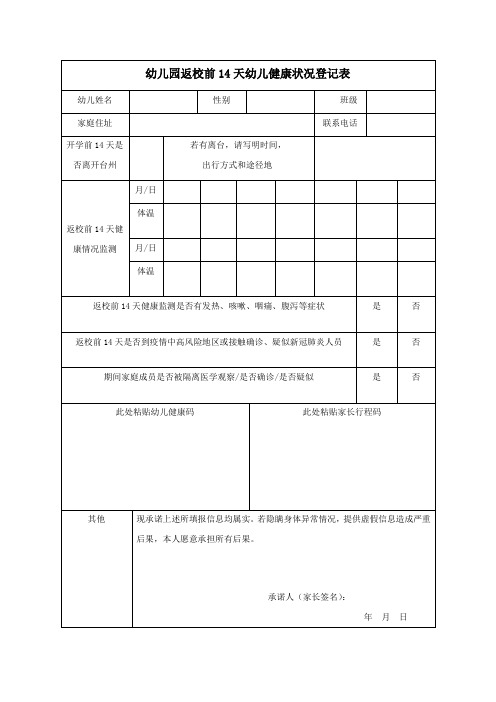 幼儿园返校前14天幼儿健康状况登记表