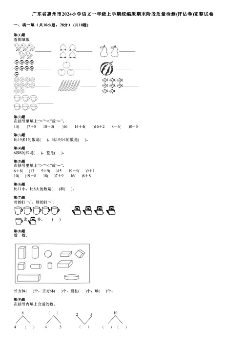 广东省惠州市2024小学数学一年级上学期统编版期末阶段质量检测(评估卷)完整试卷