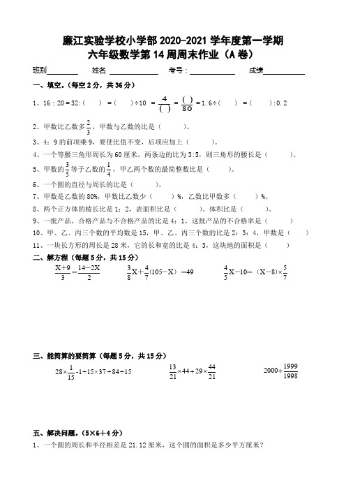 广东省廉江市实验学校2020-2021学年级六年级上学期数学第14周周末作业