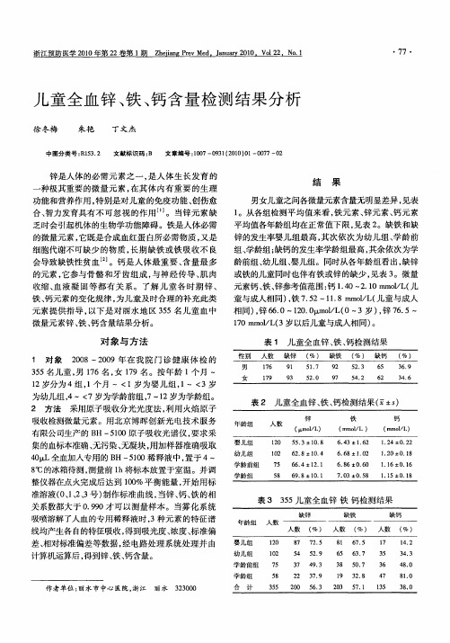 儿童全血锌、铁、钙含量检测结果分析