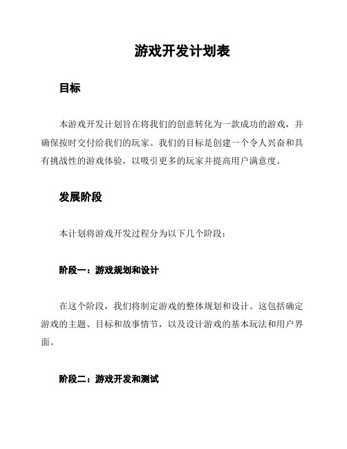 游戏开发计划表