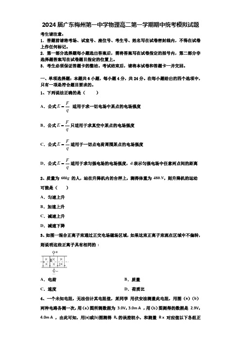 2024届广东梅州第一中学物理高二第一学期期中统考模拟试题含解析