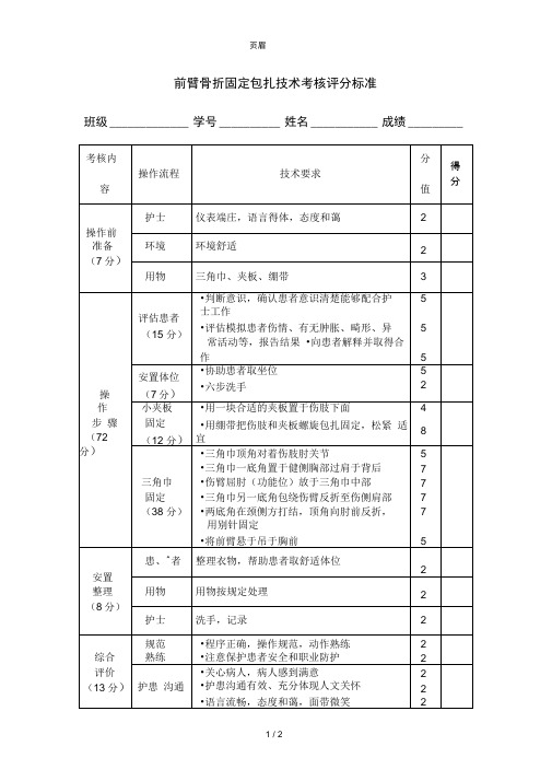 前臂骨折固定包扎术考核评分标准