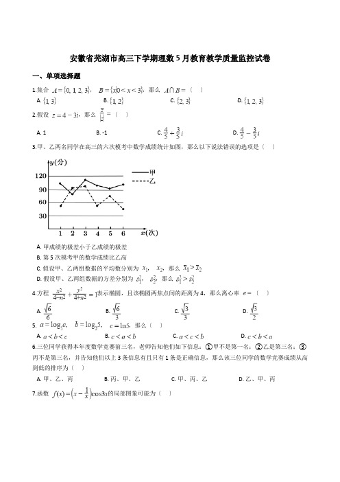 2021届安徽省芜湖市高三下学期理数5月教育教学质量监控试卷及答案