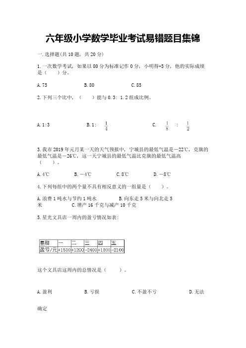 六年级小学数学毕业考试易错题目集锦附参考答案(轻巧夺冠)