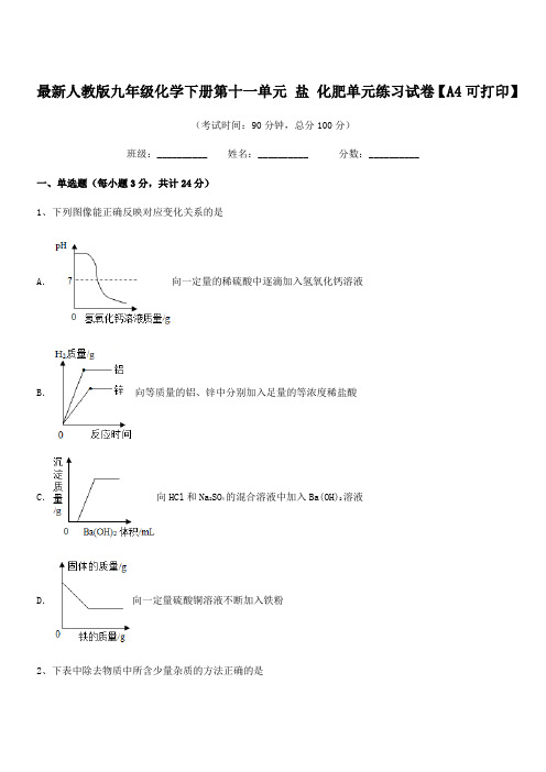 2019-2020学年最新人教版九年级化学下册第十一单元-盐-化肥单元练习试卷【A4可打印】