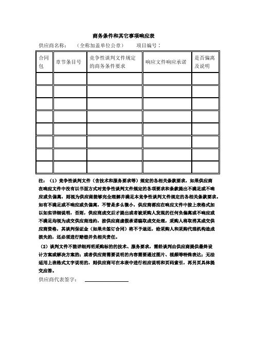 商务条件和其它事项响应表