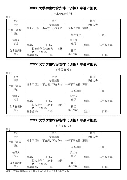 大学学生宿舍安排(调换)申请审批表