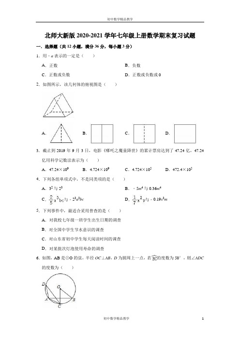 北师大版2020-2021学年七年级上册数学期末 复习试题(有答案)