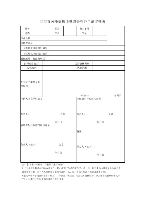 甘肃省医师资格证书遗失补办申请审核表