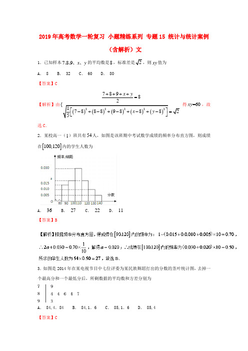 2019年高考数学一轮复习 小题精练系列 专题15 统计与统计案例(含解析)文