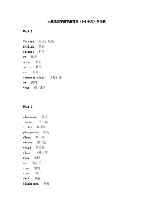 人教版三年级下册英语(1-6单元)单词表