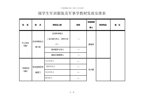 级学生军训服装及军事学教材发放安排表