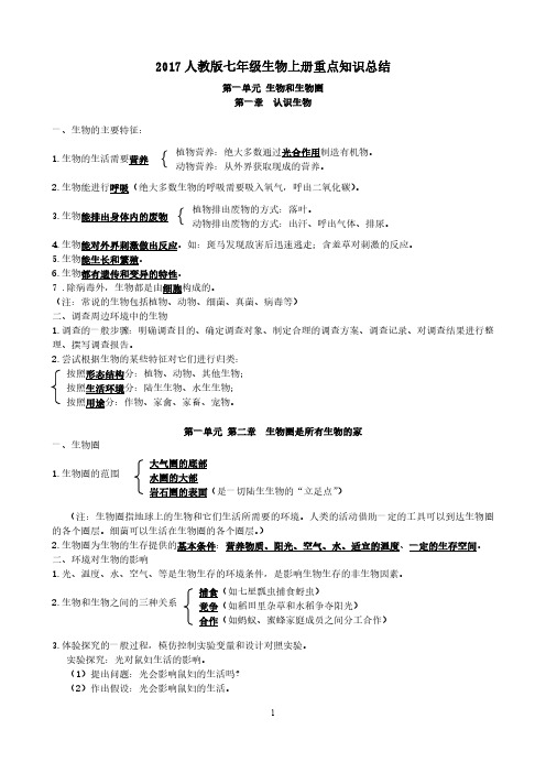 2017人教版七年级生物上册重点知识总结