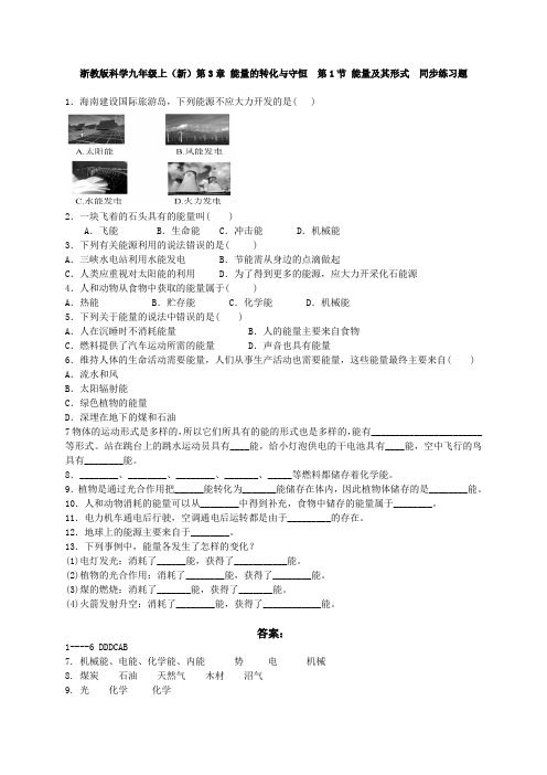 浙教版科学九年级上(新)第3章 能量的转化与守恒  第1节 能量及其形式  同步练习题 含答案