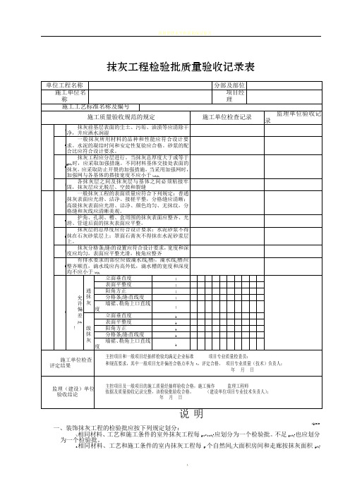 内墙抹灰工程质量验收记录表