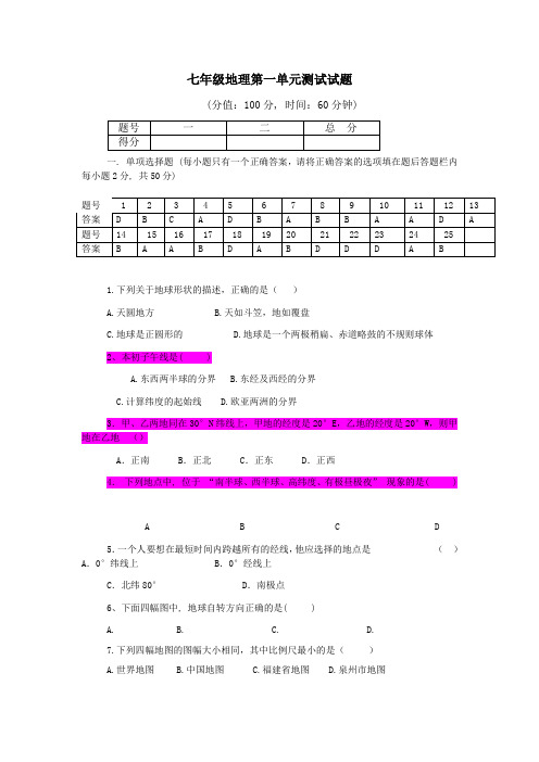 七年级地理上册第一单元测试题及复习资料