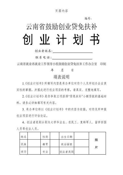 云南省鼓励创业贷免扶补创业计划书模板