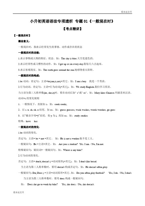 2020年小升初六年级英语语法专项考点精讲+典题突破 专题01《一般现在时》(通用版含答案)