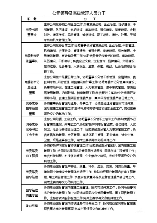 公司领导及高级管理人员分工