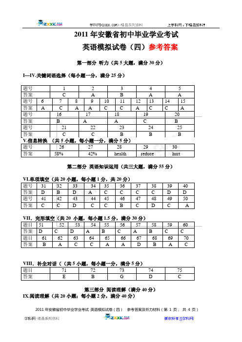 2011年安徽省初中毕业学业考试英语模拟试卷(四)参考答案及听力材料