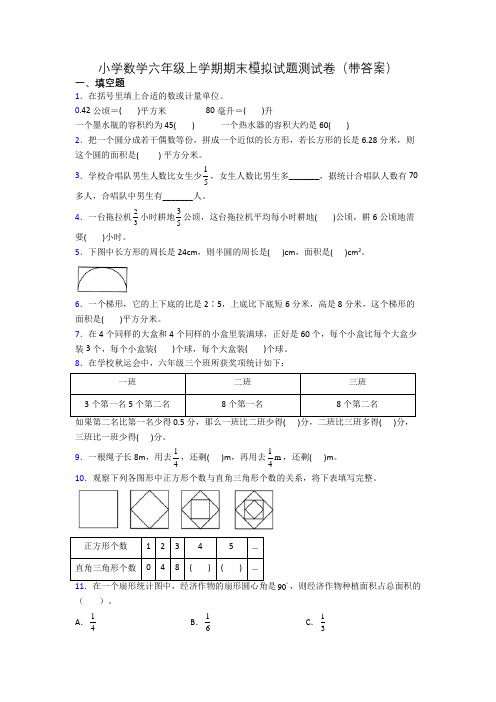 小学数学六年级上学期期末模拟试题测试卷(带答案)[001]