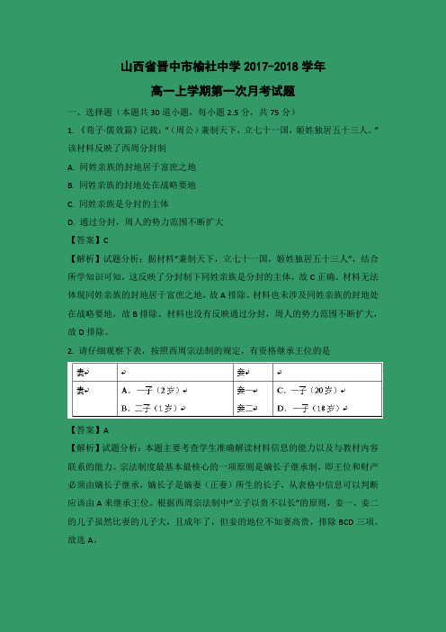 【历史】山西省晋中市榆社中学2017-2018学年高一上学期第一次月考试题(解析版)