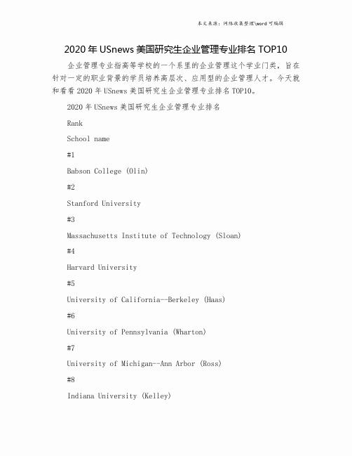 2020年USnews美国研究生企业管理专业排名TOP10.doc