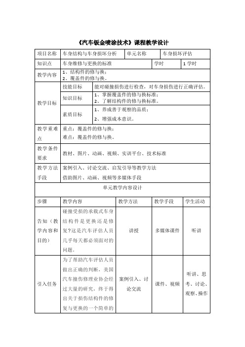 汽车钣金喷涂技术 车身维修与更换的标准-教学设计