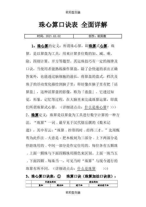 珠心算口诀表_全面详细讲解之欧阳数创编